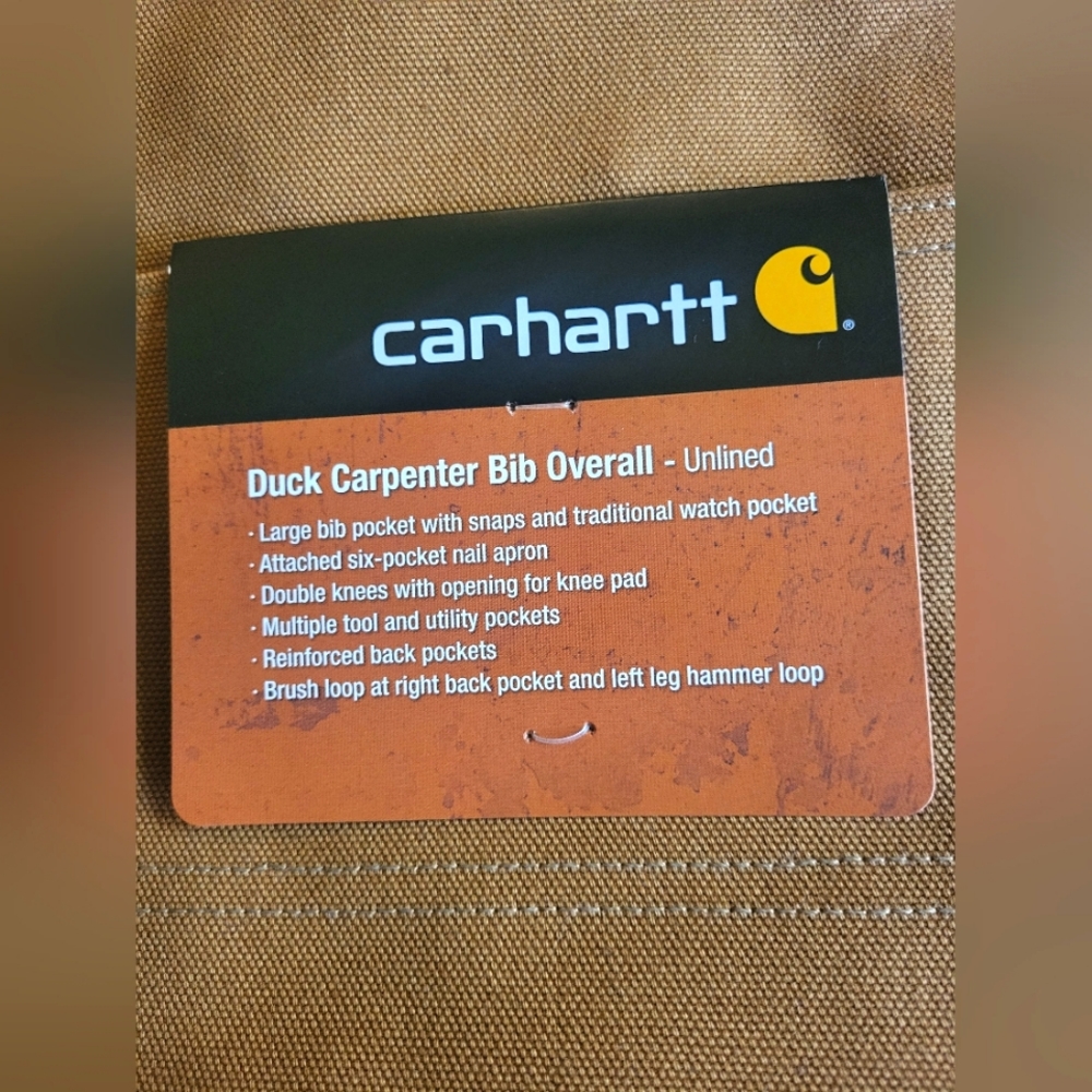 NWT- Carhartt Overalls: Men's R28 BRN Cotton Duck Carpenter Bib Overalls - Picture 6 of 7